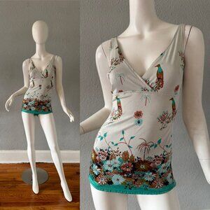 Vintage 70s White Boho JANTZEN Bird Print Bathing Suit Swimsuit S/M